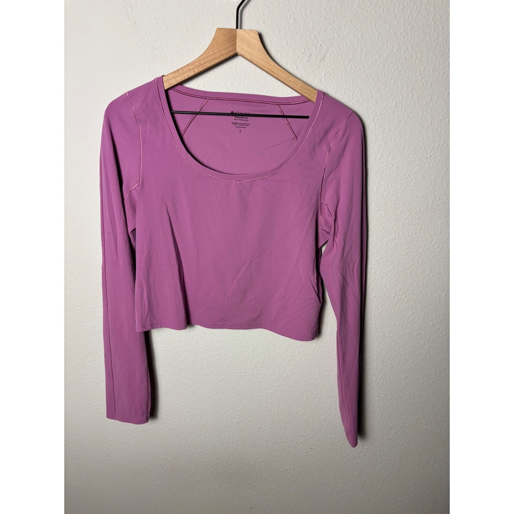 Athleta Transcend Top Purple Pink Long Sleeve Scoop Neck Crop Yoga Activewear L